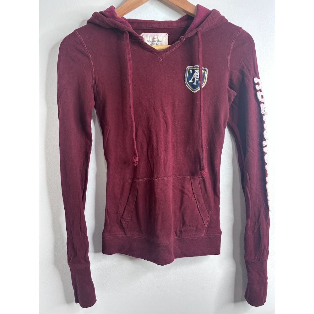 Vintage Abercrombie & Fitch Womens Varsity Hoodie XS Burgundy Y2K 90s Logo Tee